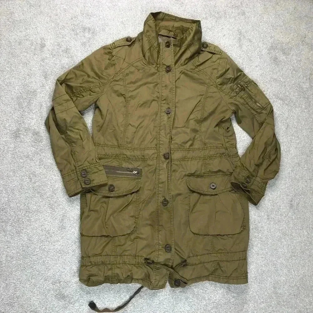 Eddie Bauer Utility Jacket Large Parka Olive Green Drawstring Pockets Lined Sz L